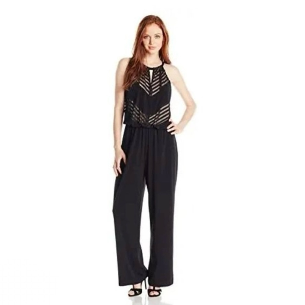 London Times Black High Neck Jumpsuit with Sheer Stripe Detail